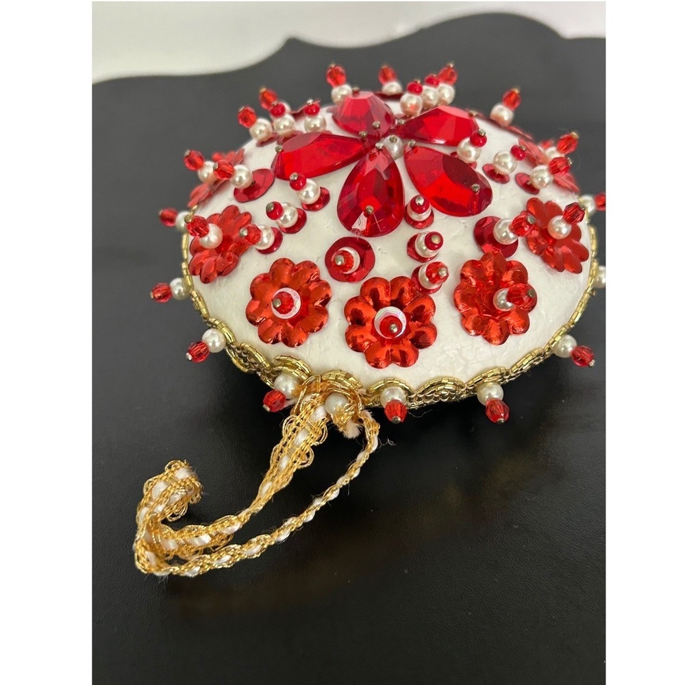 Christmas Ornament Christmas Red White Gold Beaded Sequin Satin Collectible